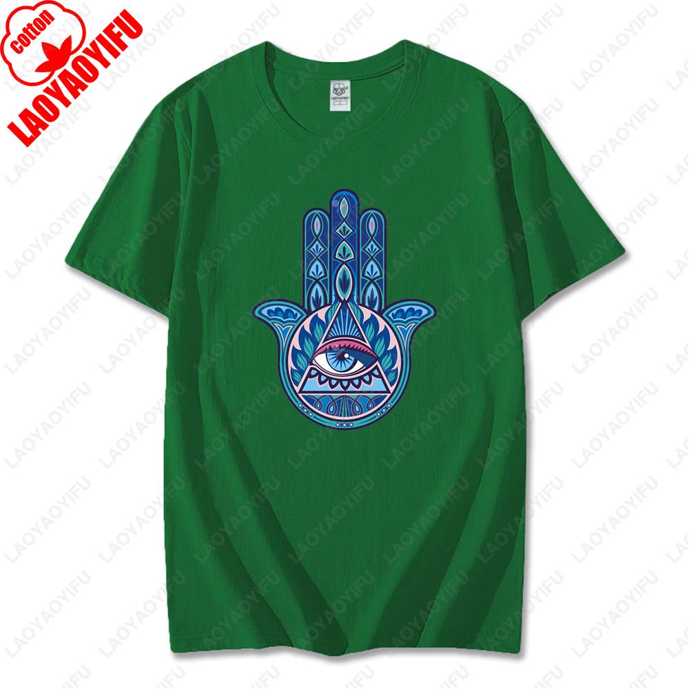 Blue Hamsa Hand Spiritual Protection Cotton Tops for Men Women Namaste Mandala Graphic Regular Short Sleeve Funny Casual Tshirt