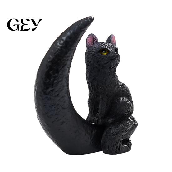 Durable Resin Cat Statue Halloween Figurine, Witch Hat/Moon/Pumpkin/Skull Black And White Ornament for Tabletop, Mantel, Shelf, Desk Decor Moon Skull