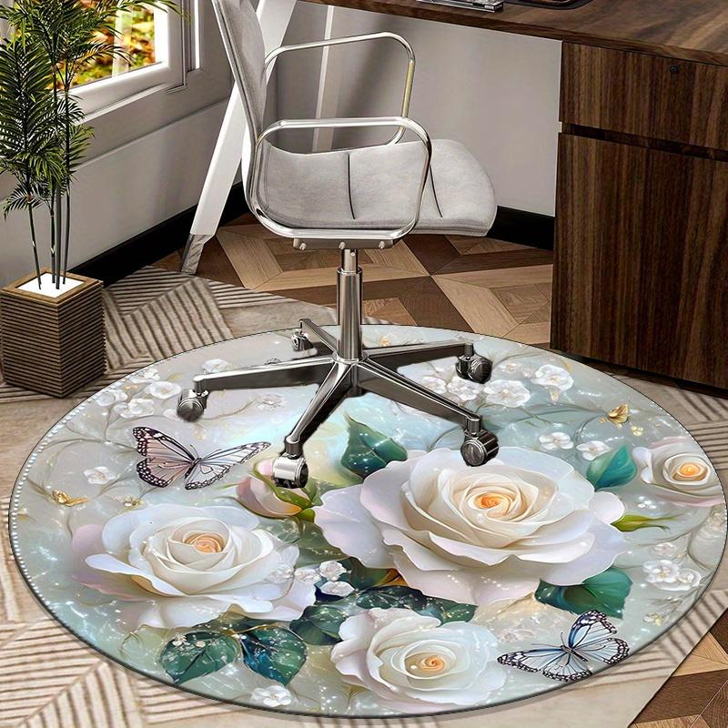 1pc Floral Round Rug - White Roses, Butterflies and Delicate Flowers, Polyester, Suitable for Bedroom Living Room Decoration