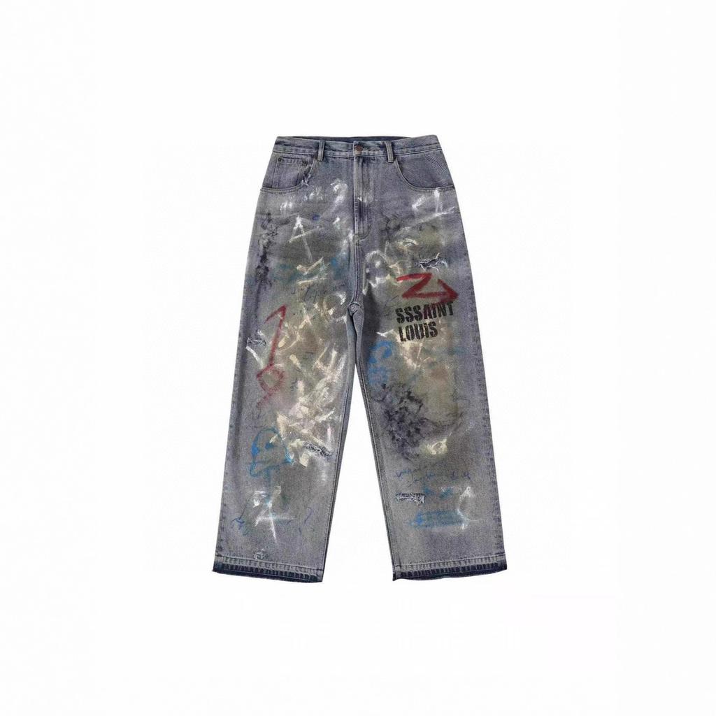 Jeans Do Dirty Old Hand-Painted Graffiti Ripped Loose Casual Men And Women Tide The Same Style
