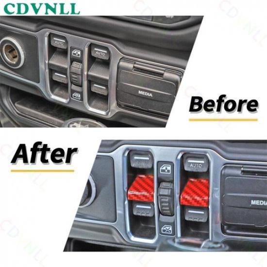 Window Lift Switch Button Cover For Jeep Wrangler JL JT 2018-23 Red Carbon Fiber