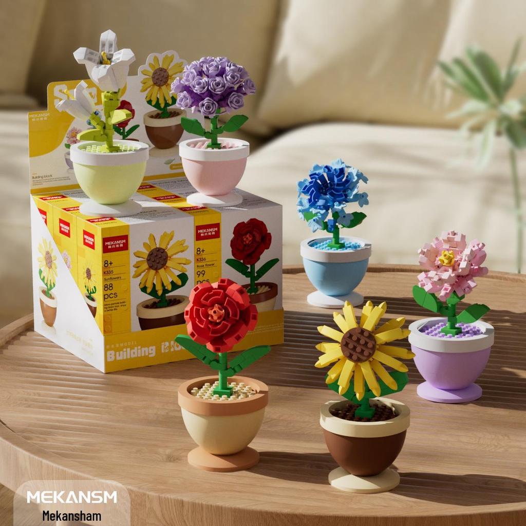 LEGO-Compatible Rose & Sunflower Bonsai Building Blocks: Educational Flower Ornaments for Girls, Ideal Children's Day Gift
