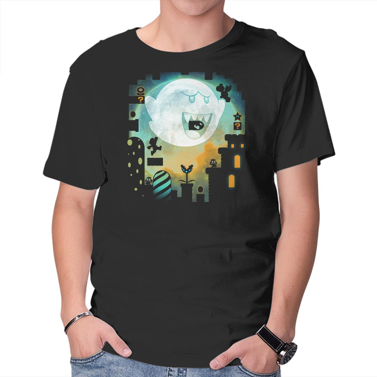 Unisex Crew Neck T-Shirt Boo Moon Graphic Short Sleeve Casual Tee XS
