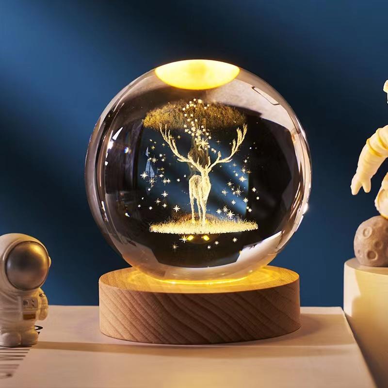 Crystal Ball With Wood Stand Laser Engraved 6CM Glass LED Crystal Ball Souvenir Gifts Home Decor Star Moon Night Light