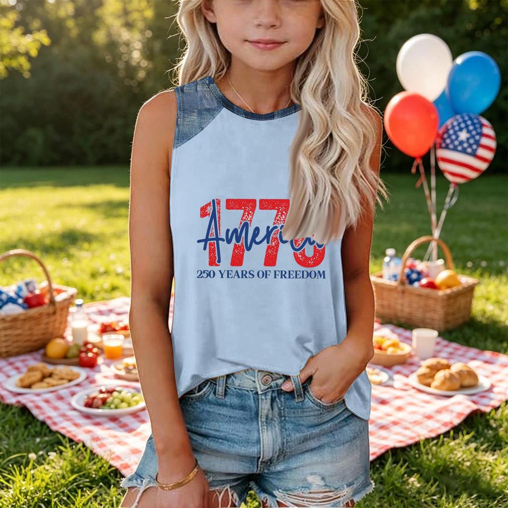 Girls Sleeveless Loose Fit Tank Top Independence Day Print Denim Patchwork Round Neck T Shirt Summer Casual Tee