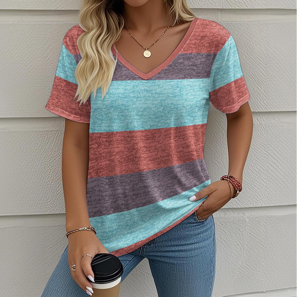 Summer Ladies Striped Printing Oversized T-Shirt Retro Fashion Casual V Collar Women Short-Sleeved T-Shirt