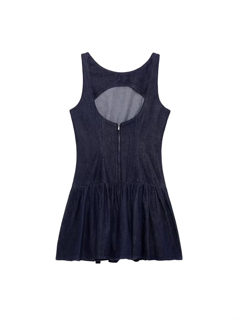 2026 Women's European & American Style Sleeveless Slimming Solid Color Denim Effect Short Dress