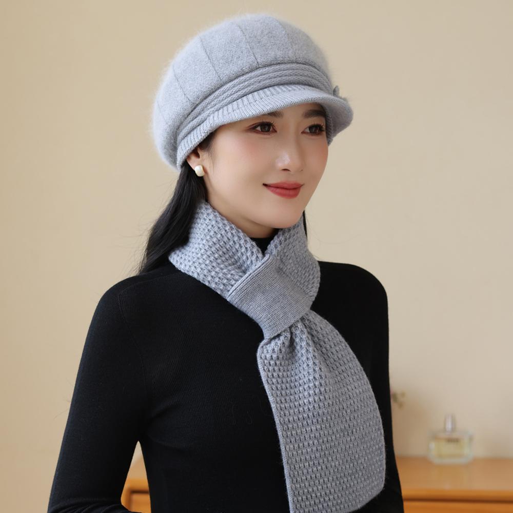 New Women Fashion Winter Warm Suit Female Dandy Hats For Women Casual Rabbit Fur Blend Knit Hat Winter Warm Cap Set