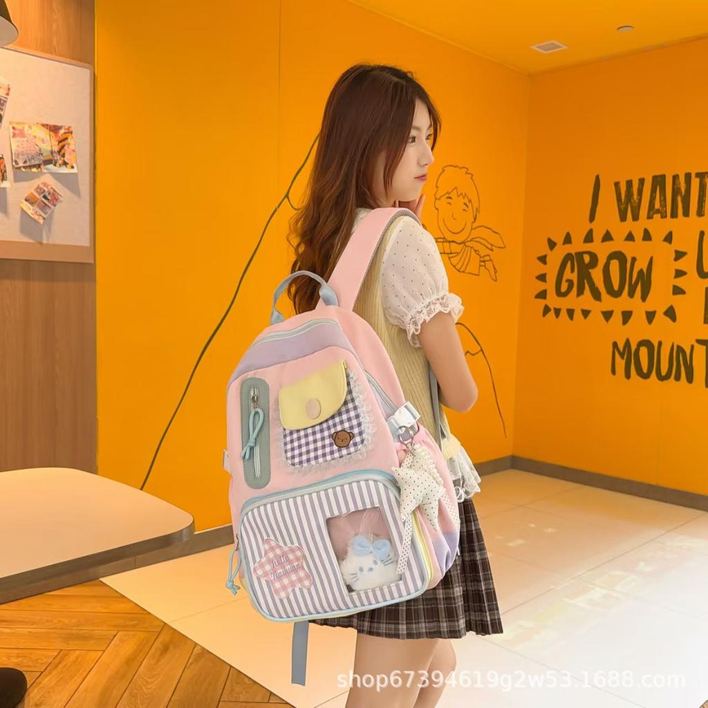 Schoolbag college style sweet plaid backpack female student Korean version large capacity junior high school schoolbag female layered travel backpack