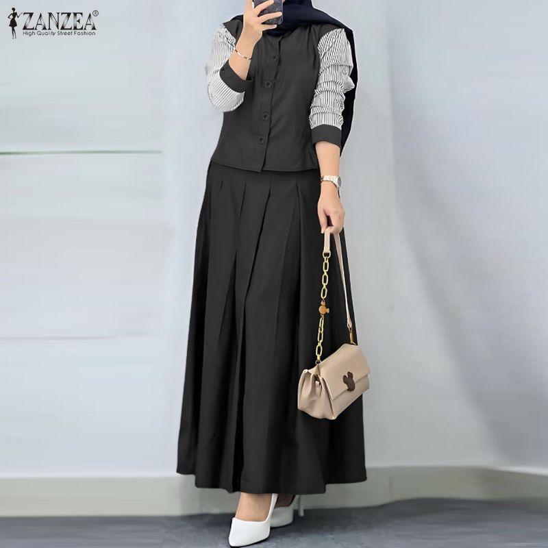 ZANZEA Women Stripe Splice Long Sleeve Blouse and Long Skirts Casual Two Piece Sets