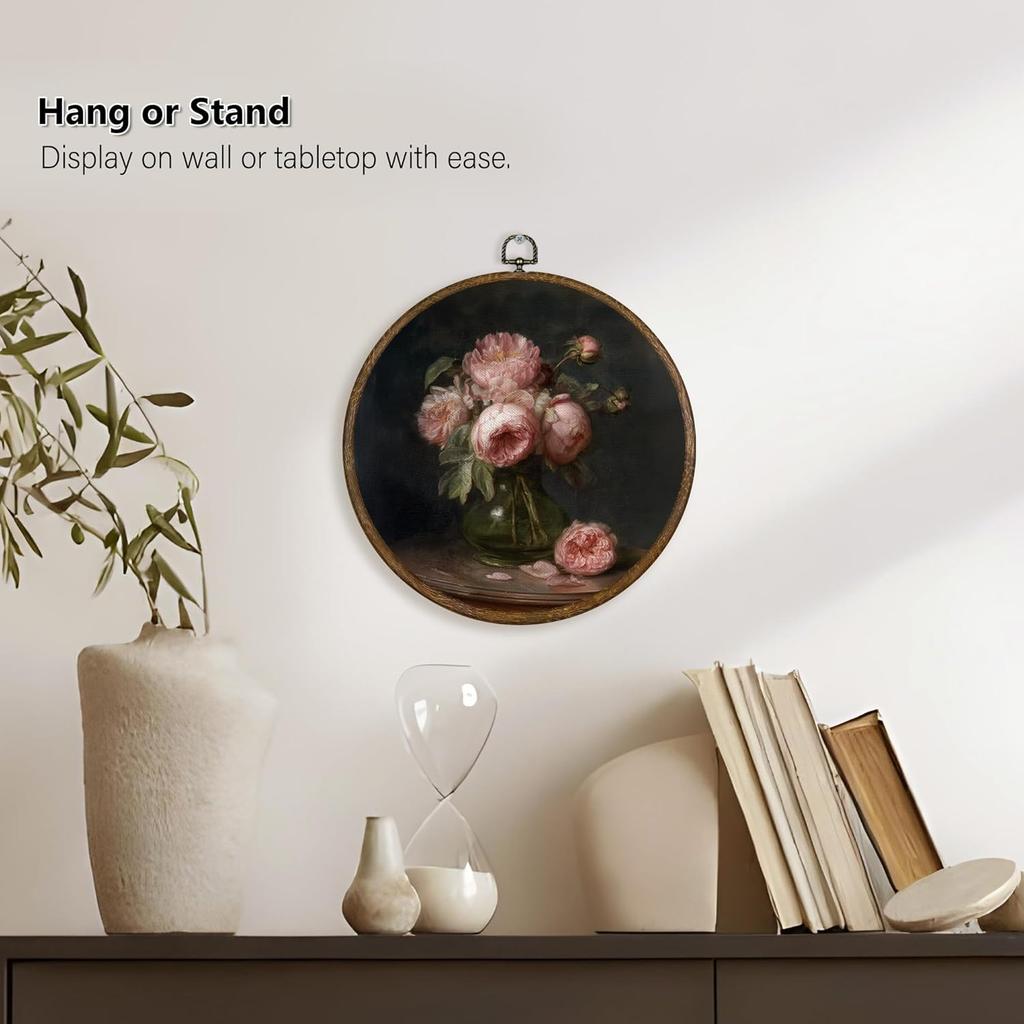 Qskjre Dark Moody Peony Floral Wall Art Decor, Vintage Cottagecore Pink Peonies Flower Round Wood Framed Canvas Wall Artwork, Shabby Chic Hanging