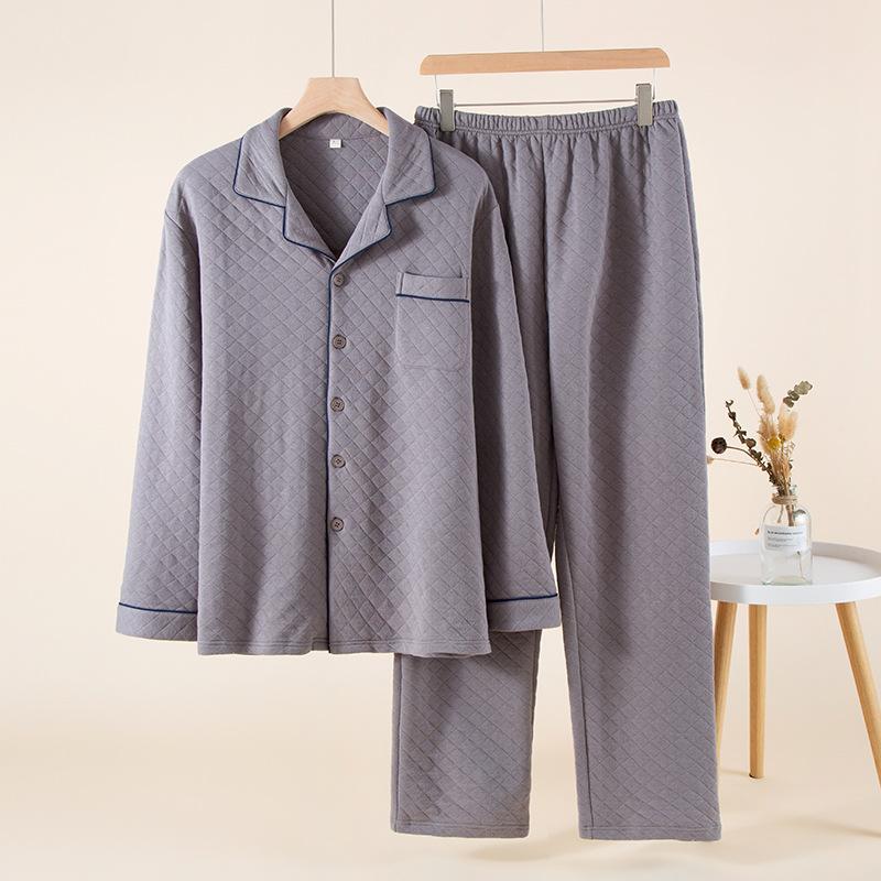 Couple pajamas women's autumn and winter air layer padded cotton simple solid color homewear men's printless pure cotton homewear