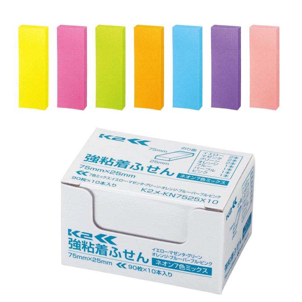 KOKUYO Sticky Strong 75mm x Neon 90 sheets x 10 7 Notes, Adhesive, K2, 25mm, Colors, packs, colors, K2ME-KN7525X10