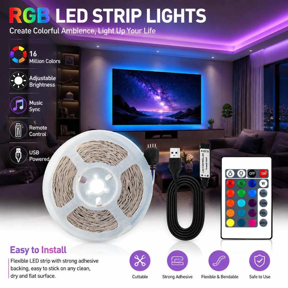 1-30M USB RGB LED Light Strip with 24 Key Remote, Adjustable Color, Easy Installation, Bedroom Party Holiday Wedding Decorations