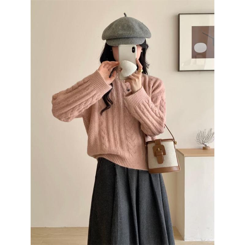 Autumn and winter new retro twist crew neck pullover sweater with women's loose and lazy casual bottoming knitted sweater