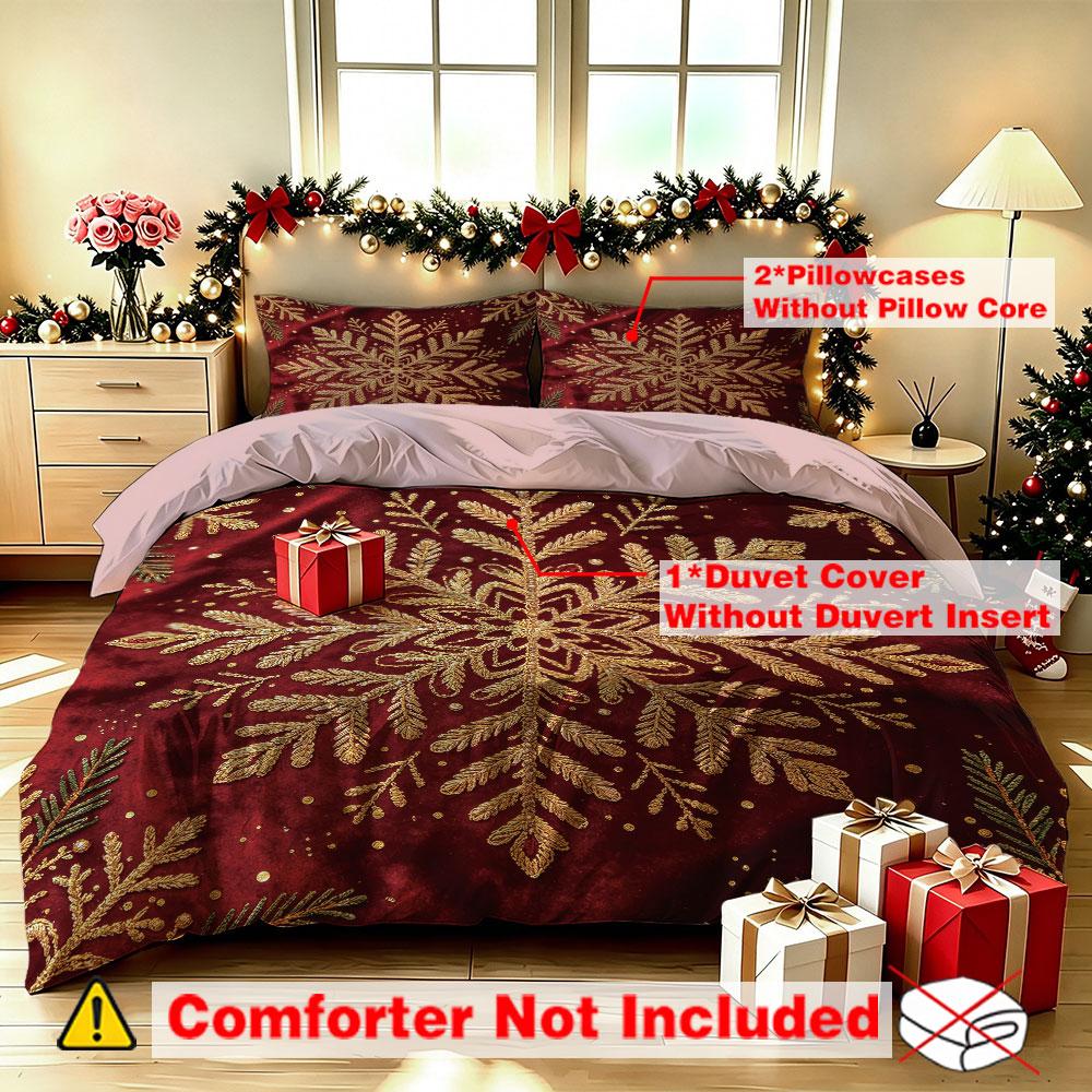 Christmas Duvet Cover Set 3Pcs Gold Snowflake Red Background Print Soft Microfiber Bedding with Pillowcases Decor