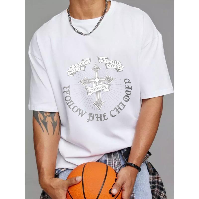 White T Shirt with Cross and Follow The Chief Text Design for Casual Wear