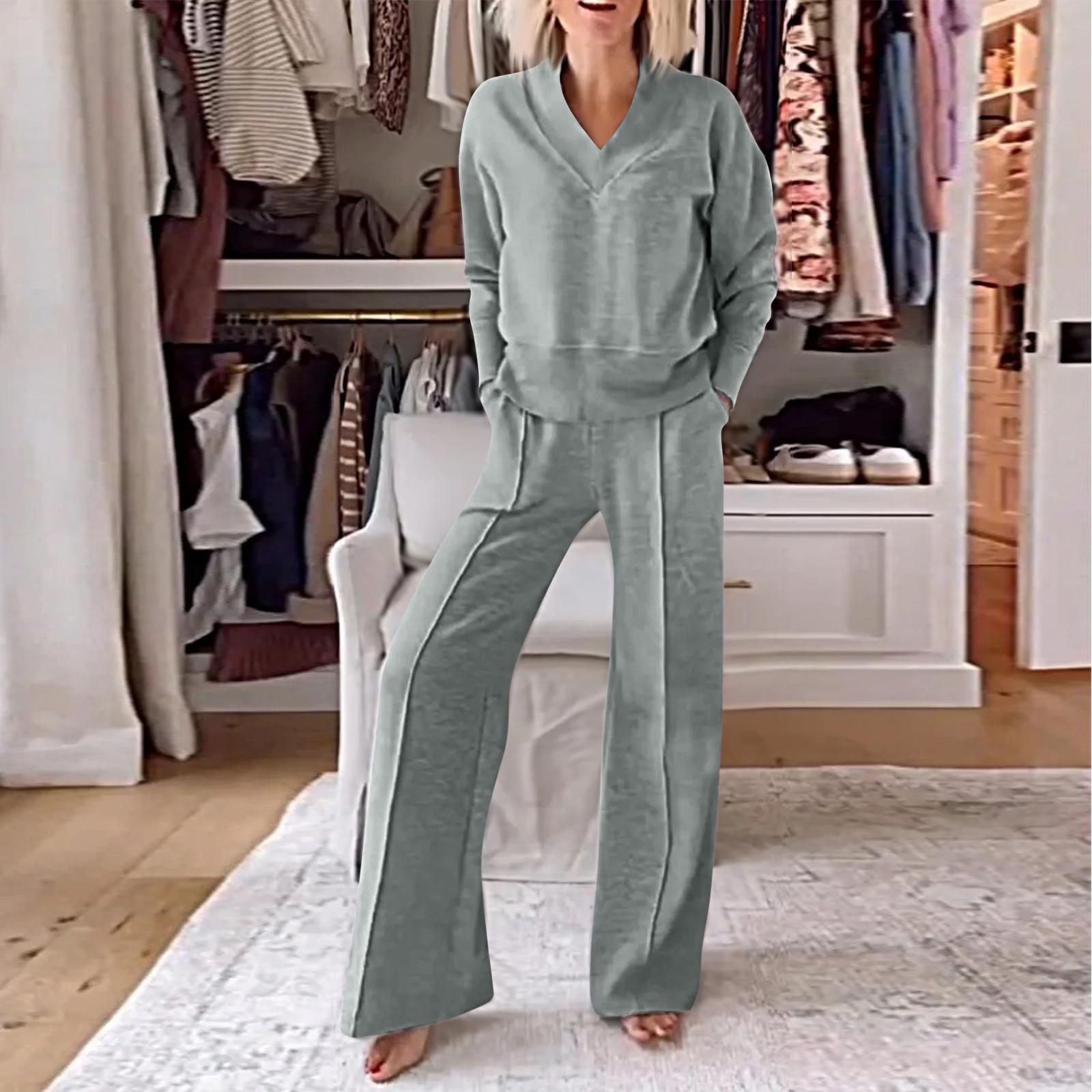 

Женский повседневный комплект из двух предметов с V-образным вырезом и длинными рукавами, свободный топ и широкие брюки XXXL