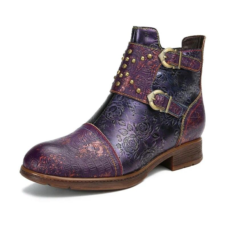 Johnature Buty damskie w stylu vintage, nitowane, ręcznie robione, z prawdziwej skóry, w stylu etnicznym, z klamrą do paska, z wytłoczonymi krótkimi butami