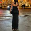 Y2K Spice Girl Temperament Elegant Slim Lace Splicing Split Evening Dress Long Dress Two Wear Neck Halter Dress