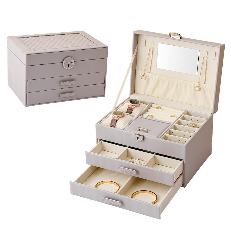 1PC, Light Luxury High-end PU Leather Diamond Three-layer Leather Jewelry Storage Box with Lock