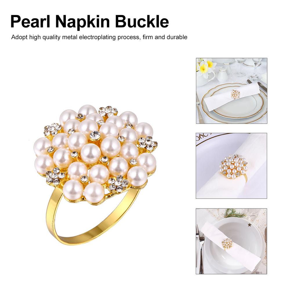 1Set Elegant Silver Plating Napkin Rings Pearl Diamond Embedded Metal Electroplated Napkin Buckle Party Decoration