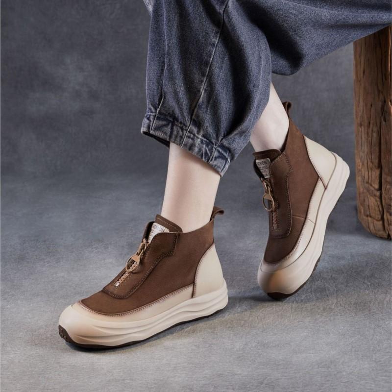 Johnature Genuine Leather Retro Thick Soled Short Boots With Front Zipper Casual Flat Platform Shoes