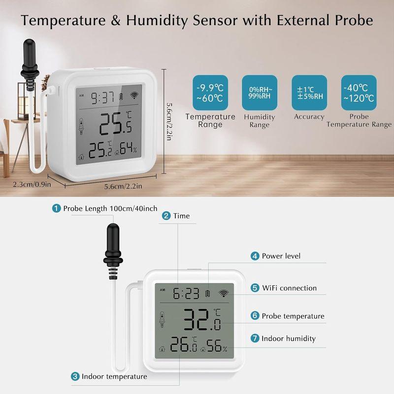 Tuya WiFi Zigbee Temperature Humidity Meter with External Probe Sensor Digital LCD Screen Thermometer for Fish Tank Freezer