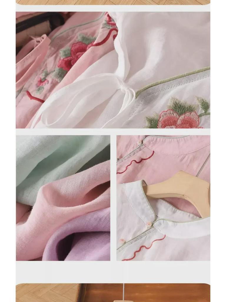 Women's Ethnic Embroidered Cotton-Linen Shirt, Oblique Collar, 3/4 Sleeves, Retro Literary Summer Tea Dress.