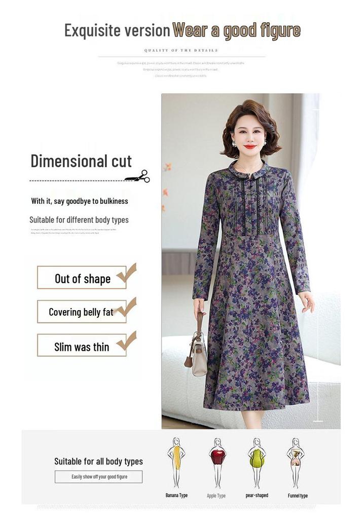2026 Spring Retro Print Long Sleeve Knee-Length Dress for Middle-Aged and Elderly Moms - Stylish and Elegant Skirt