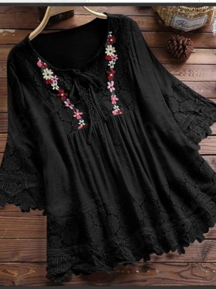 Women Lace Trim Embroidered Blouse Casual Pink Top