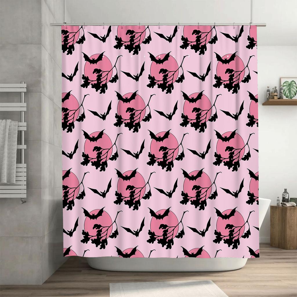 Pink Moon Bat Print Shower Curtain Halloween Decor, Unique Design Waterproof Fabric Bathroom Decorations for Home Decoration