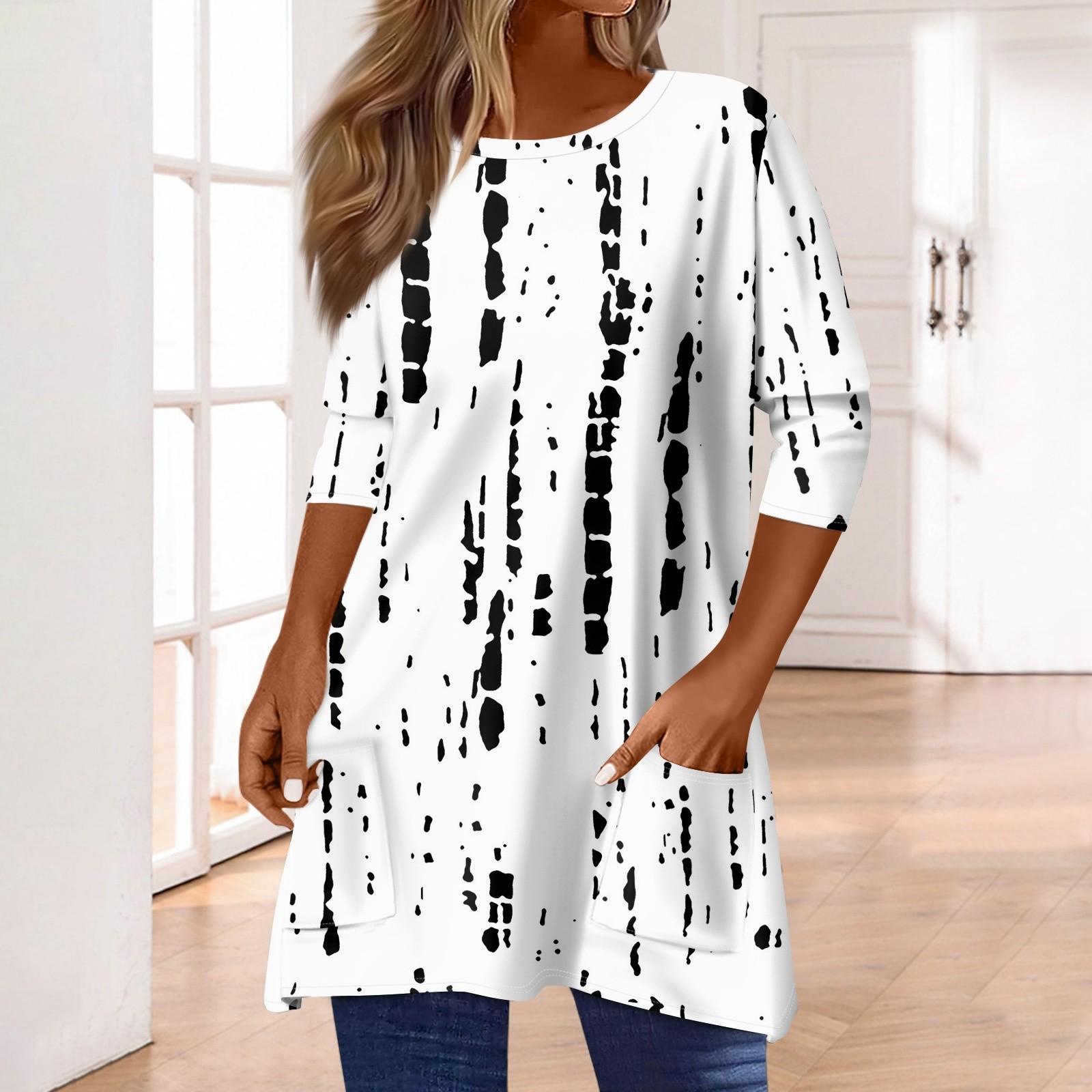 

3/4 рукава кармана топы для женщин футболка повседневный принт средней длины топы футболка круглый вырез пуловер блузка XXL белый