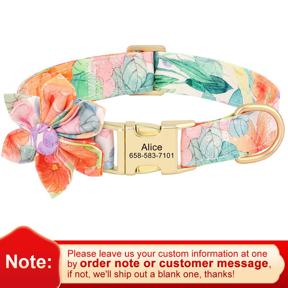 Nylon Personalized Dog Collar Print Dog Collars With Flower Custom Pet ID Necklace Adjustable For Small Medium Large Dogs Pug