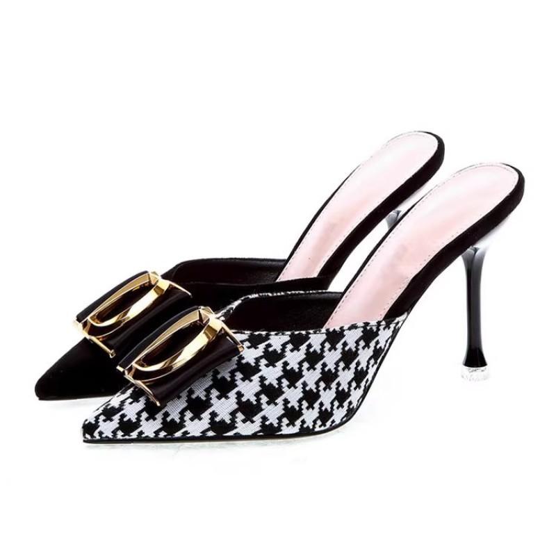 Summer Temperament Elegant Thousand Bird Grid Bag Head Half Slippers Women's Metal Buckle Pointed Thin Heel High Heel Cool Slippers