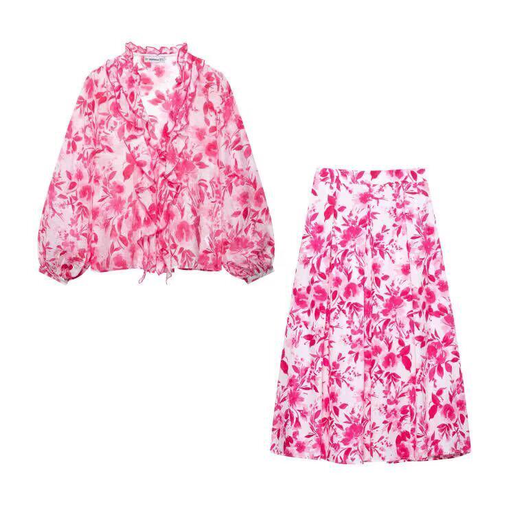

European & American Fashion Layered Print Shirt & Skirt Set for Women Medium