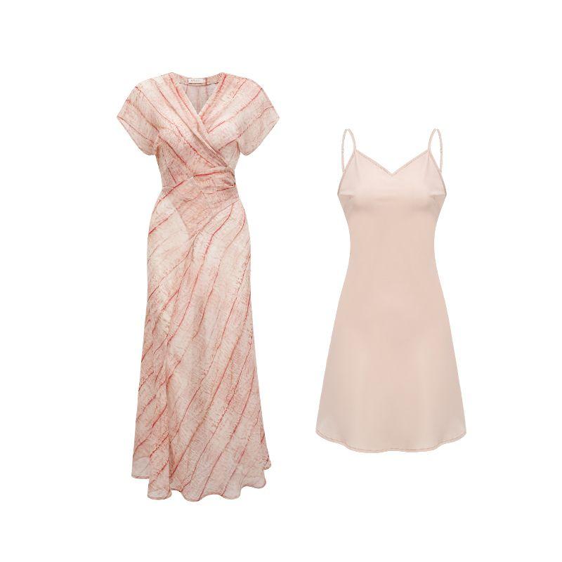 

Lady Island Song French style High Sense V-neck Dress Women Summer Temperament Slim fit Slimming Waist Hugging Lace-up Print Long dress Neon-Short Sleeve S