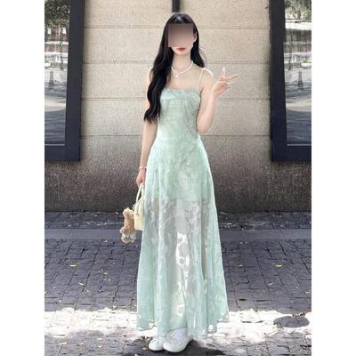 Free Small Man, Light Green Suspender, Long Waist and Thin Dress, Women's Summer Mesh Yarn Jacquard Vacation Gauze Skirt