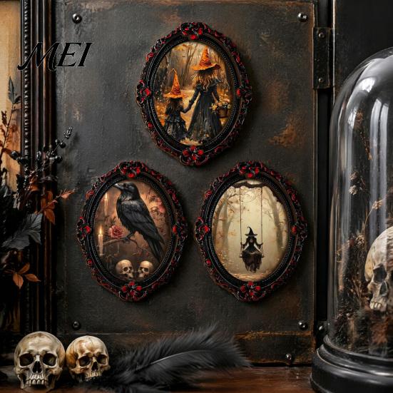 Soft Magnetic Backing Fridge Stickers Halloween Magnet, Ghost Witch Photo Frame, Wooden Waterproof Retro Oil Painting Magnets Frame Decoration,