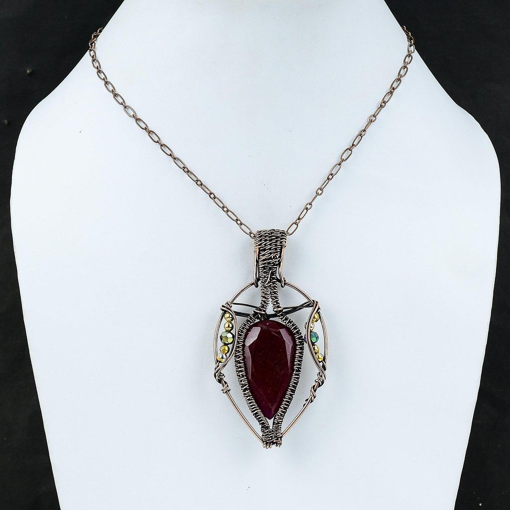 Faceted Kashmir Ruby Pendant Copper Wire Wrapped Pendant Titanium Beads Pendant Handmade Gemstone Pendant Copper Wire Jewelry Gift For Women