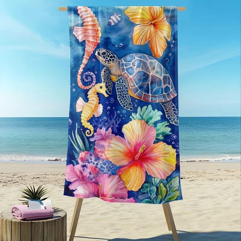 Starfish Conch Print Beach Towel Quick Dry Absorbent Sandproof Lightweight Towel for Summer Beach Vacation Camping