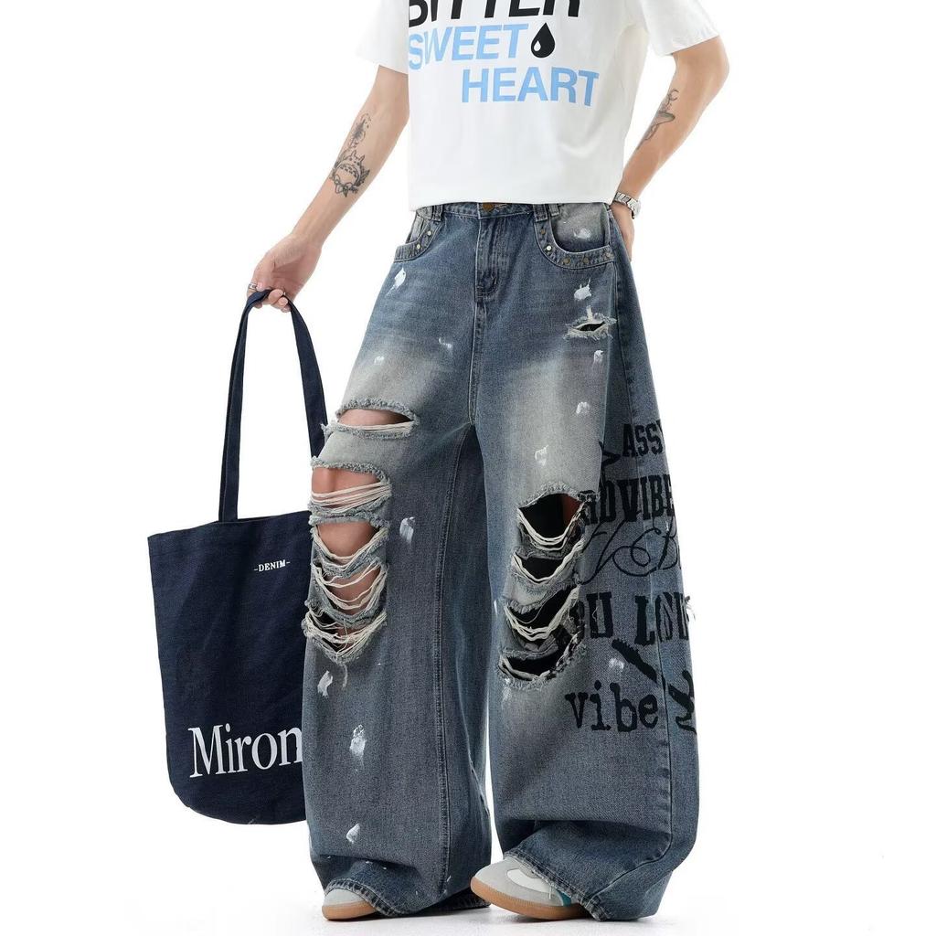 American niche retro high street design ripped jeans autumn high waist loose vibe fried street mopping pants tide