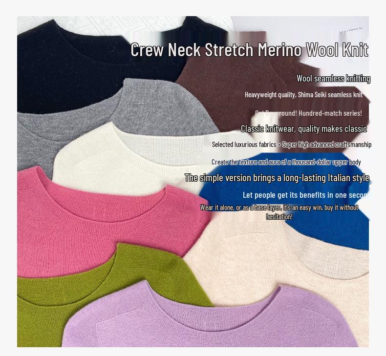 Machine Washable Women's Seamless 100% Pure Wool Round Neck Knit Sweater, 60 Count, 18 Gauge, Autumn Base Layer