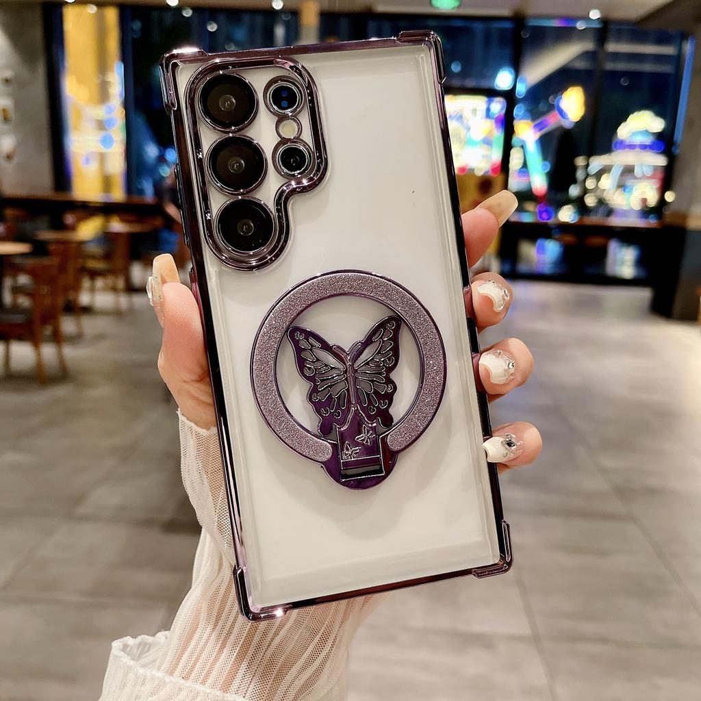 Suitable for Samsung S25 Ultra Mobile Phone Case Flash Powder Butterfly Magnetic Suction Bracket A53 Four Corner Airbag Anti Fall Protection Case