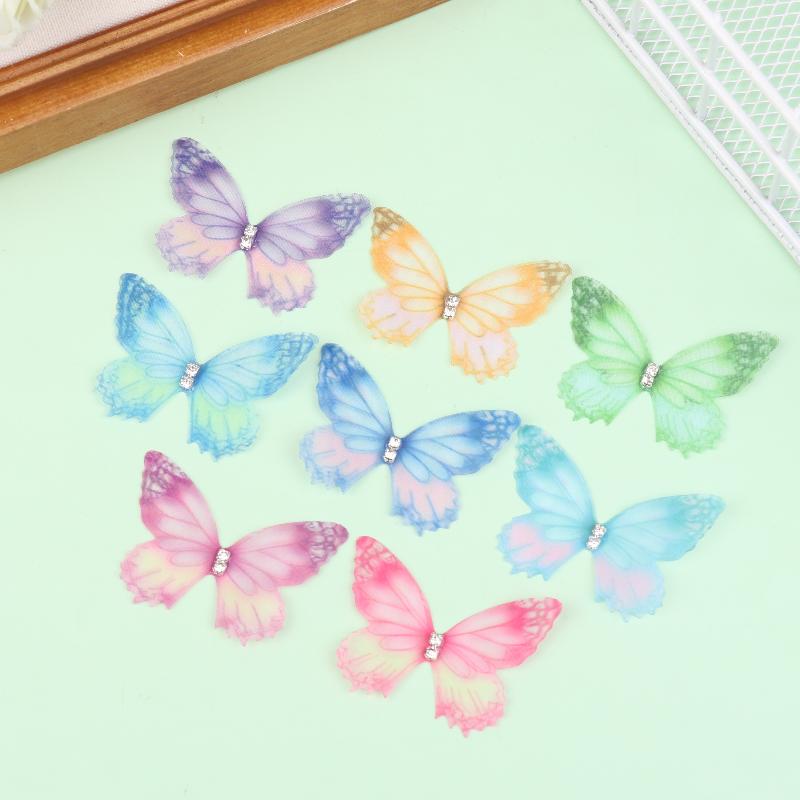 50Pcs 3D Organza Fabric Butterfly Appliques Gradient Color Double-Layer Simulation Mesh Butterfly Patch Translucent