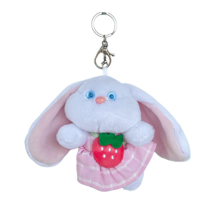 Adorable Long-eared Bunny Plush Doll Keychain With Cute Strawberry Dress 12cm
