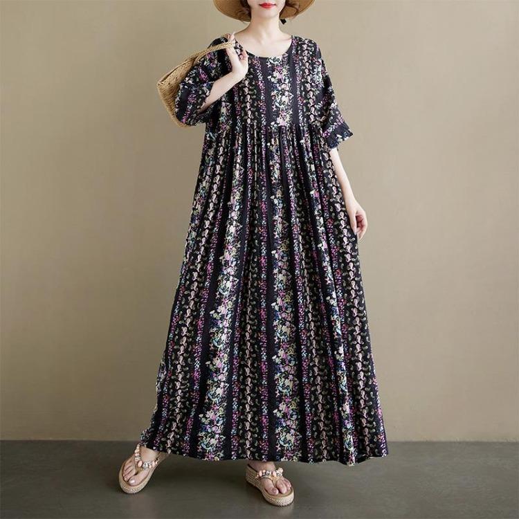 New Vintage Casual Loose Maxi Dress Plus Size Women Summer Short Sleeve Basic Dress