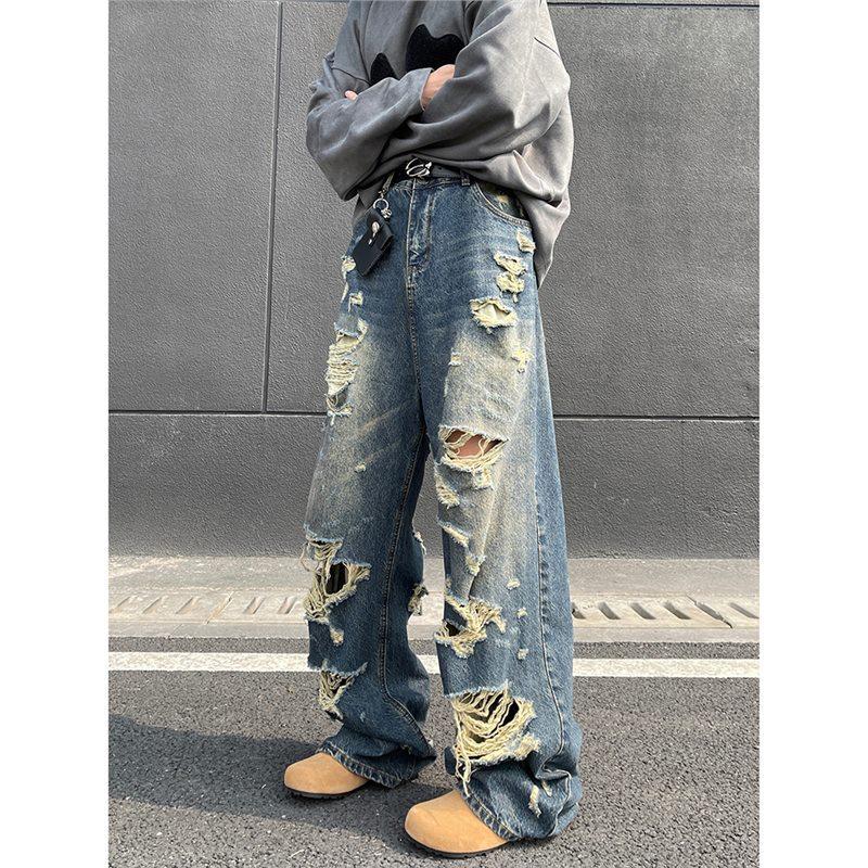 American Vibe Jeans Men's Summer New Ripped Design Sense Loose Wide Legs Trend Versatile Long Pants