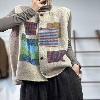 Winter Plus Size Autumn Women Plaid Sleeveless Vest Sweaters Knitting Fashion Oversize Casual Style Loose Sweater