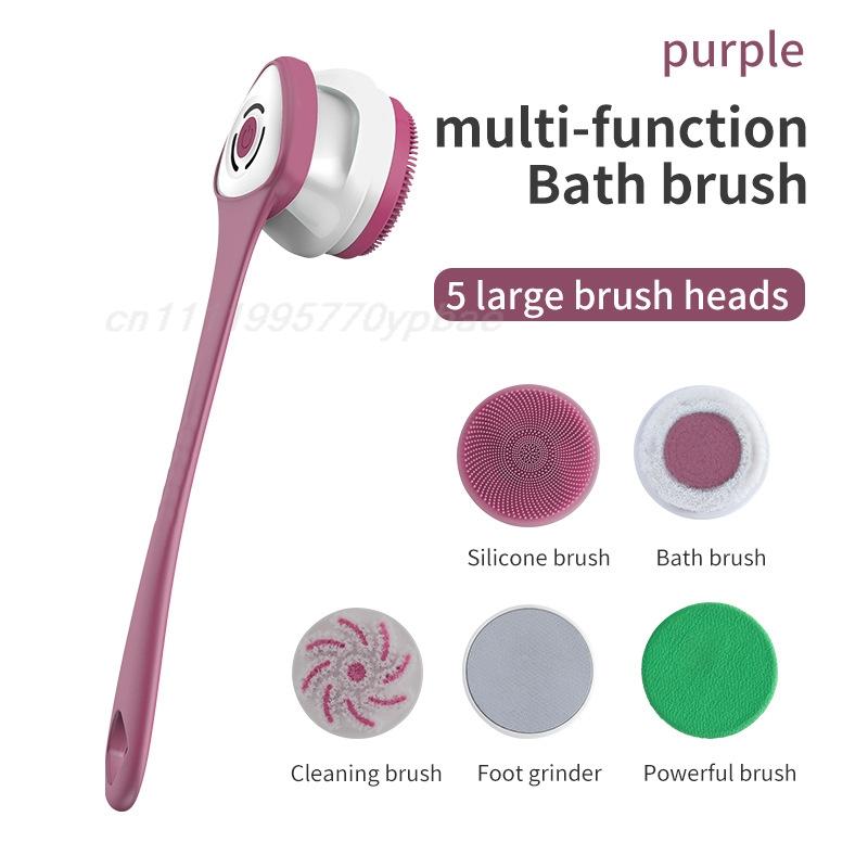 Electric Shower Brush Multi-Function Silicone Body Scrubber IP6 Waterproof Back Exfoliating Brush 5 Heads Foot Grinder